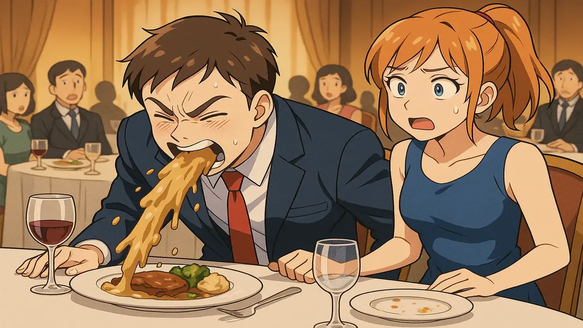 एक अराजक रेस्तरां दृश्य का एनिमे चित्रण, जहां वयस्क डिनर कार्यक्रम के दौरान संयम खो रहे हैं।