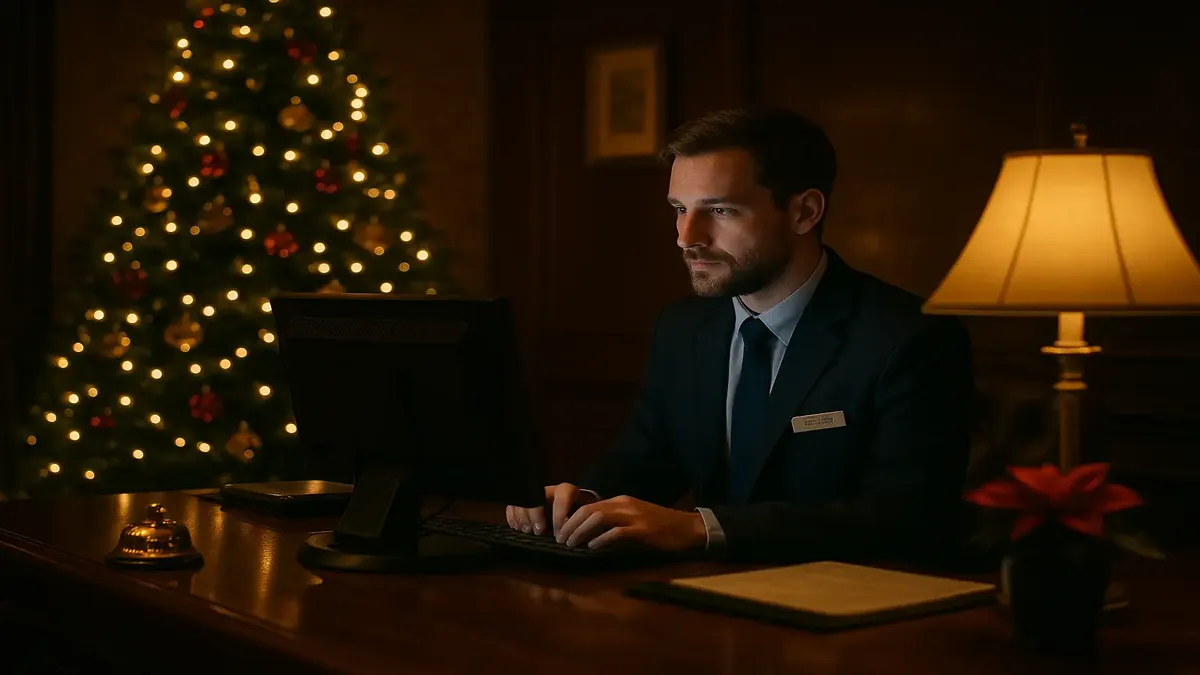 क्रिसमस के दौरान गर्म स्वागत कक्ष की सिनेमाई छवि, त्योहार की भावना और समुदाय का सहयोग दर्शाती है।