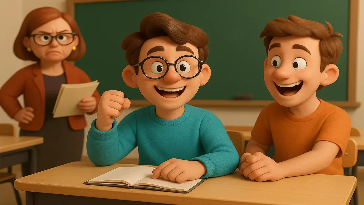 कॉलेज के एक छात्र का कार्टून 3D चित्र, जो दोस्तों की मदद कर रहा है अचानक मिले होमवर्क के लिए।