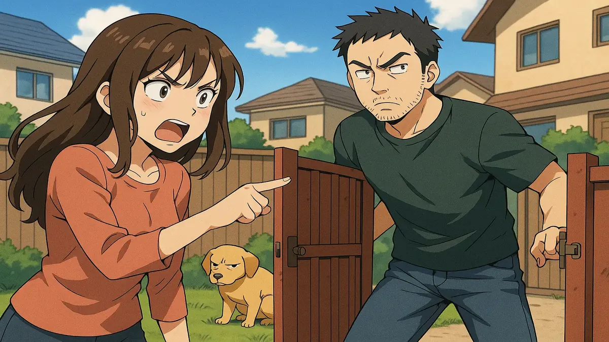 एक नाराज गृहस्वामी अपने आंगन में पड़ोसी के कुत्ते को देखते हुए, सीमा मुद्दों को उजागर करता है।