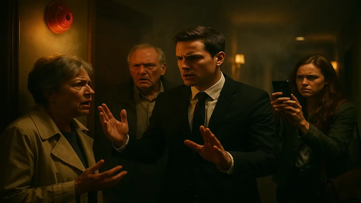 एक पुराने होटल में नकली आग अलार्म पर मेहमानों की प्रतिक्रिया, हंगामे और निराशा को दर्शाते हुए।