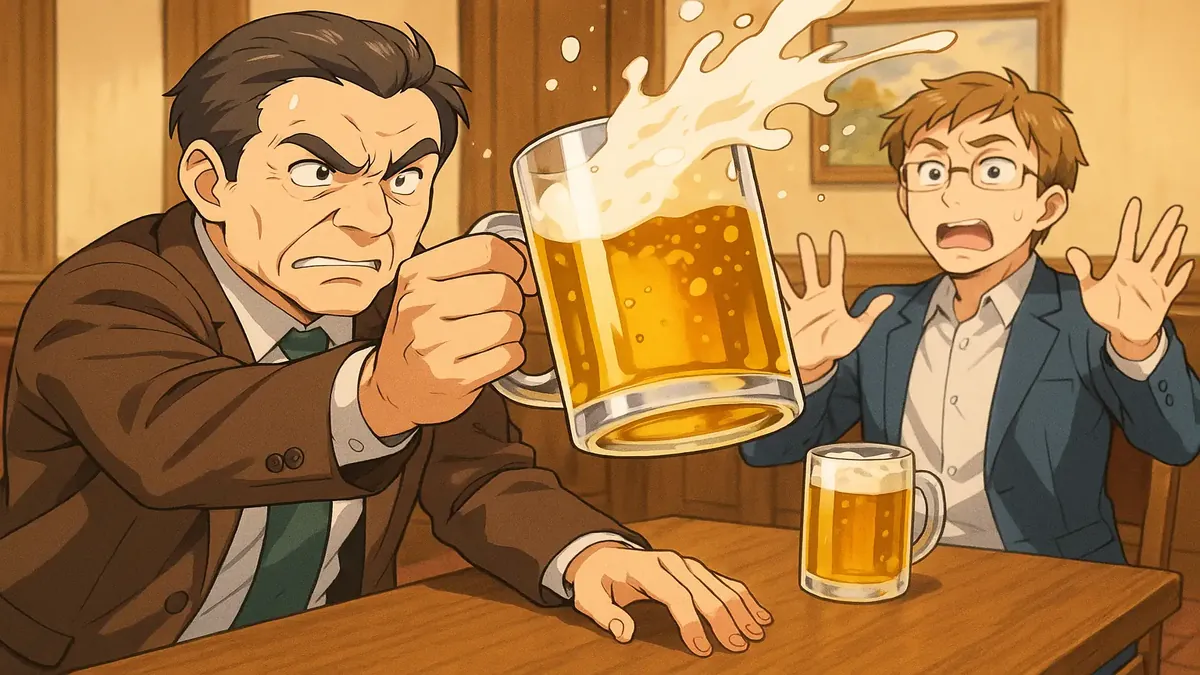 बेल्जियन बार दृश्य का एनीमे-शैली में चित्रण, प्रतिशोध और दोस्ती के भावों को बियर के साथ दर्शाता है।