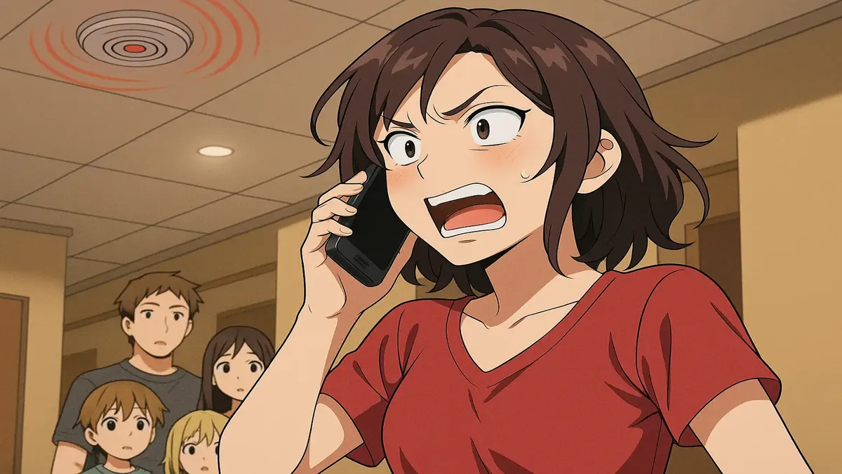 फोन पर बात कर रही एक महिला की एनीमे चित्रण, होटल चेक-इन के दौरान हंगामे के बाद निराशा व्यक्त कर रही है।