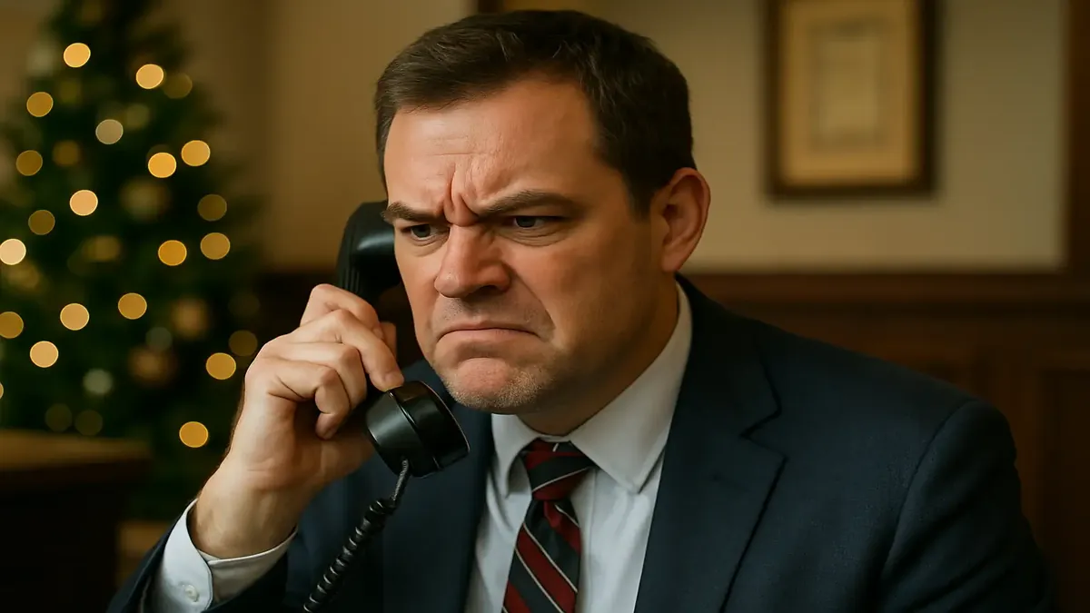 क्रिसमस के दौरान फोन कॉल का जवाब देते हुए निराश कर्मचारी, छुट्टियों की हलचल और परेशानी को दर्शाता है।