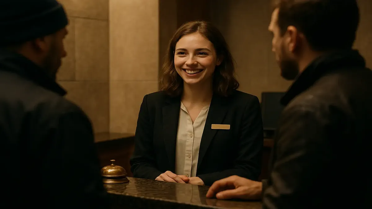 एक दोस्ताना होटल रिसेप्शनिस्ट मुस्कुराते हुए दो विदेशी मेहमानों का स्वागत कर रहा है।