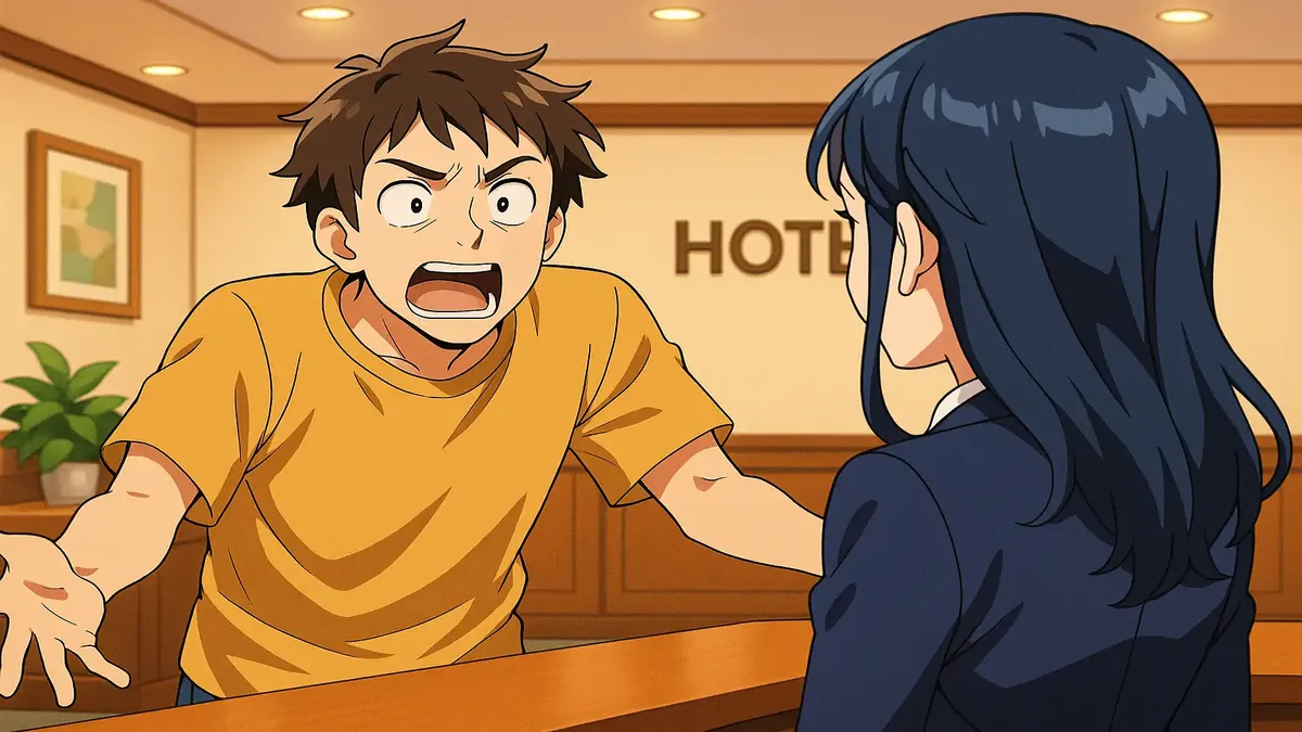 एक एनीमे-शैली की चित्रण जिसमें एक निराश होटल कर्मचारी एक जिज्ञासु मेहमान से कमरे की गुणवत्ता के बारे में बातचीत कर रहा है।