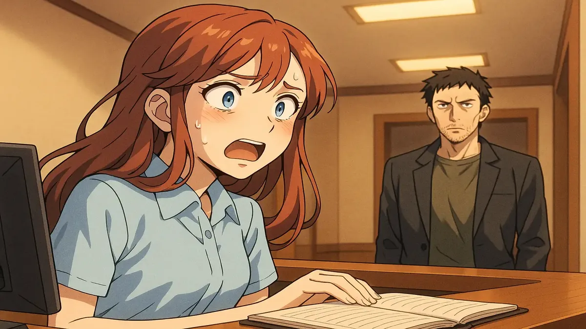 एक एनीमे-शैली की चित्रण, जिसमें एक रिसेप्शनिस्ट अपने पूर्व दुर्व्यवहार करने वाले का नाम चेक-इन सूची में देखकर हैरान है।