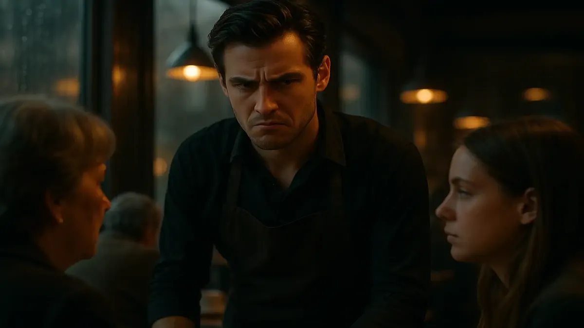 एक नकारात्मक वेटर जो कैफे में ग्राहकों की ओर आंखें घुमाते हुए।