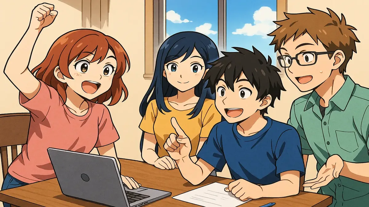 विचारों और प्रश्नों के आदान-प्रदान के लिए जीवंत चर्चा मंच की रंगीन एनीमे-शैली चित्रण।