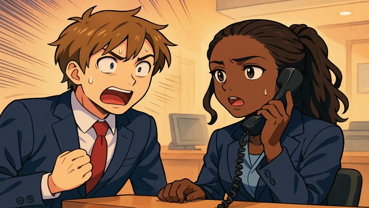 फ्रंट डेस्क पर एक हैरान इंटरव्यूअर की एनिमे चित्रण, आधुनिक कार्यस्थलों में संचार चुनौतियों को उजागर करता है।