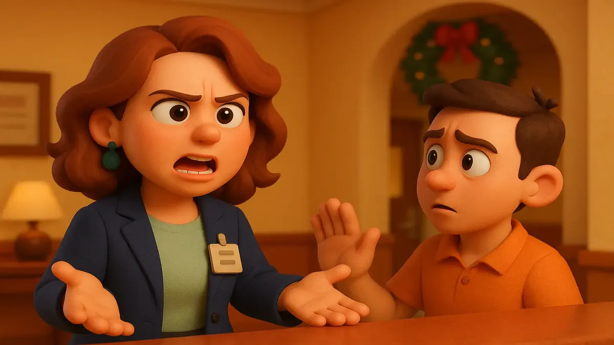 रात के ऑफिस में CPS कर्मचारी होने का दावा करने वाली संदिग्ध महिला का कार्टून-3D चित्रण।