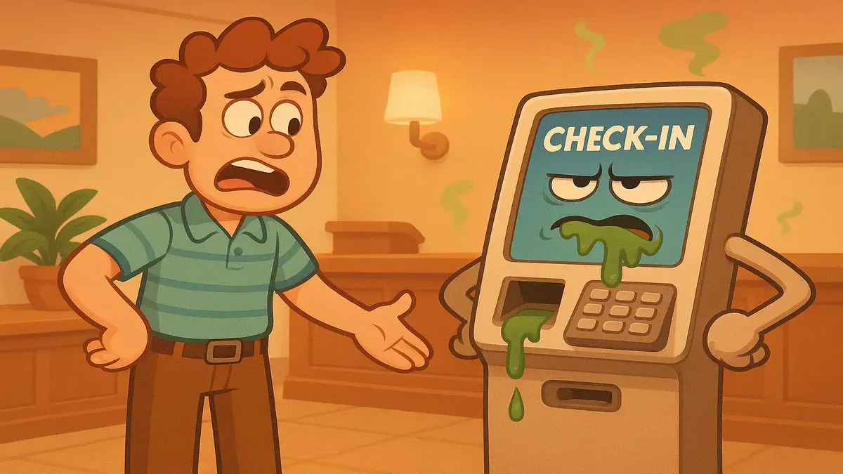 बुटीक होटल में आत्म-सेवा चेक-इन कियोस्क का कार्टून-शैली 3D चित्रण, उपयोगकर्ता अनुभव को दर्शाता है।