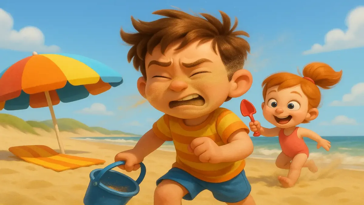 सूर्योदय के समय समुद्र तट के दृश्य का कार्टून-3D चित्र, जिसमें रेत हवा में उड़ रही है।