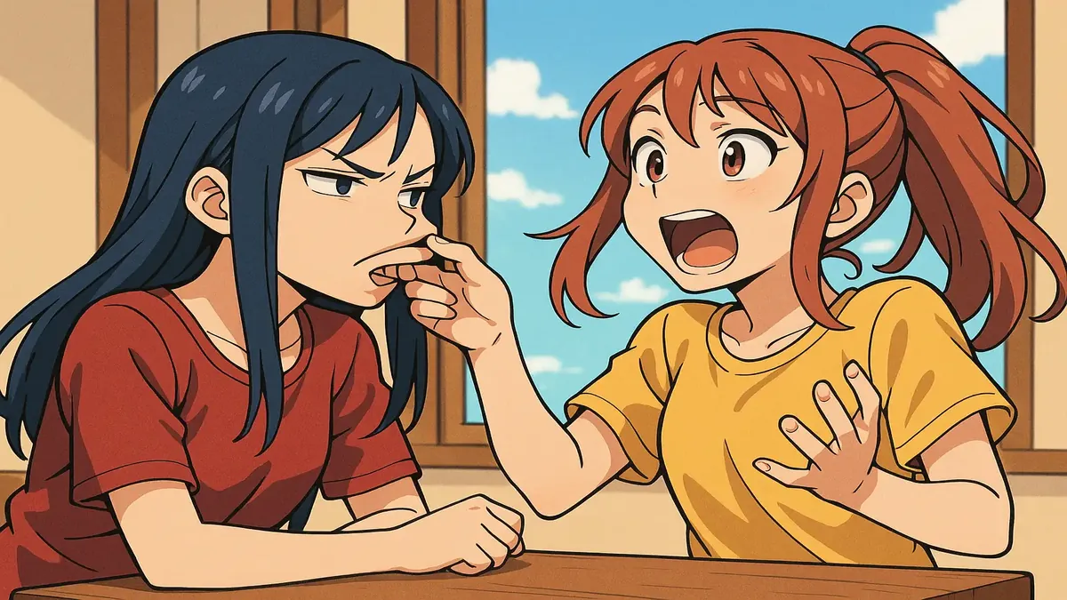 सामाजिक सभा में दो मेहमानों के बीच जीवंत बातचीत का एनीमे चित्रण, विविध संचार शैलियों को व्यक्त करता है।