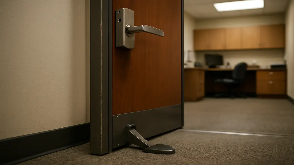 कार्यालय में दरवाजा रोकने वाला, सुरक्षा उपायों की आवश्यकता को उजागर करता है।