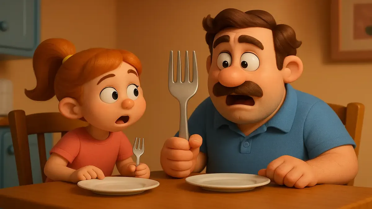 विभिन्न आकारों के कांटों का कार्टून-3डी चित्रण, भोजन के अनुभव और व्यक्तिगत विचारों का प्रतीक।