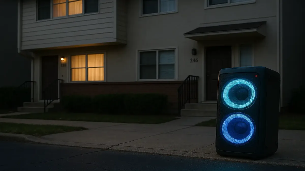 एक शांत पड़ोस में लाउडस्पीकर की आवाज़ ने शांति को बाधित किया है।