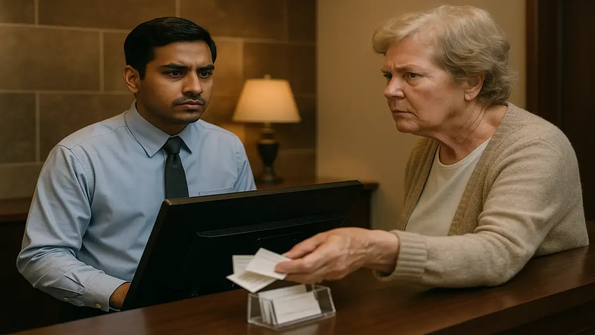 होटल रिसेप्शन पर महिला अपने सहकर्मी के विदेशी नाम की असली जानकारी मांग रही है, सेवा में तनाव दर्शाते हुए।