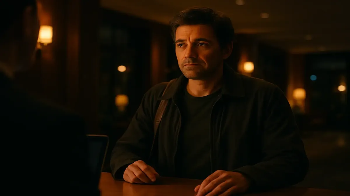 गर्मियों में होटल के रिसेप्शन पर एक सज्जन का देर रात चेक-इन दृश्य। फिल्मी माहौल।