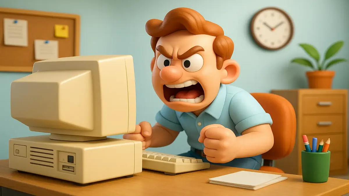 CAD मशीनों के बीच परेशान इंजीनियर का कार्टून-3D चित्र, तकनीकी सहायता की चुनौतियों को दर्शाता है।