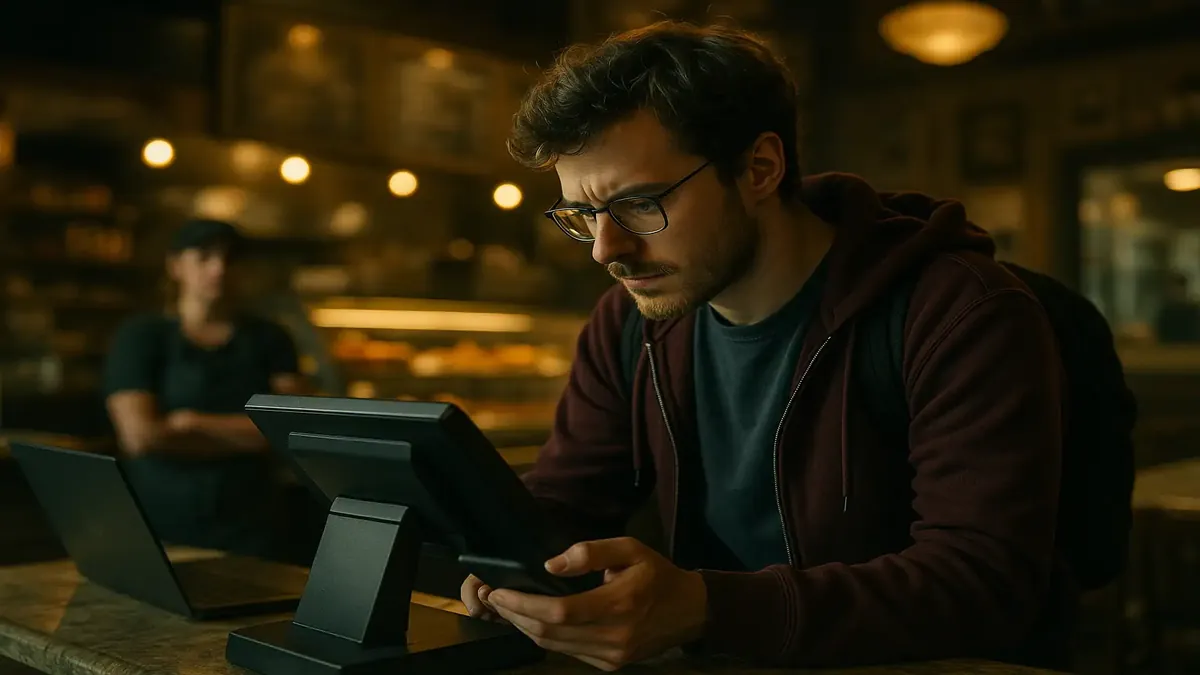 स्थानीय डेली में पीओएस सिस्टम सेटअप के साथ इंटरनेट समस्याओं का समाधान करता तकनीशियन।