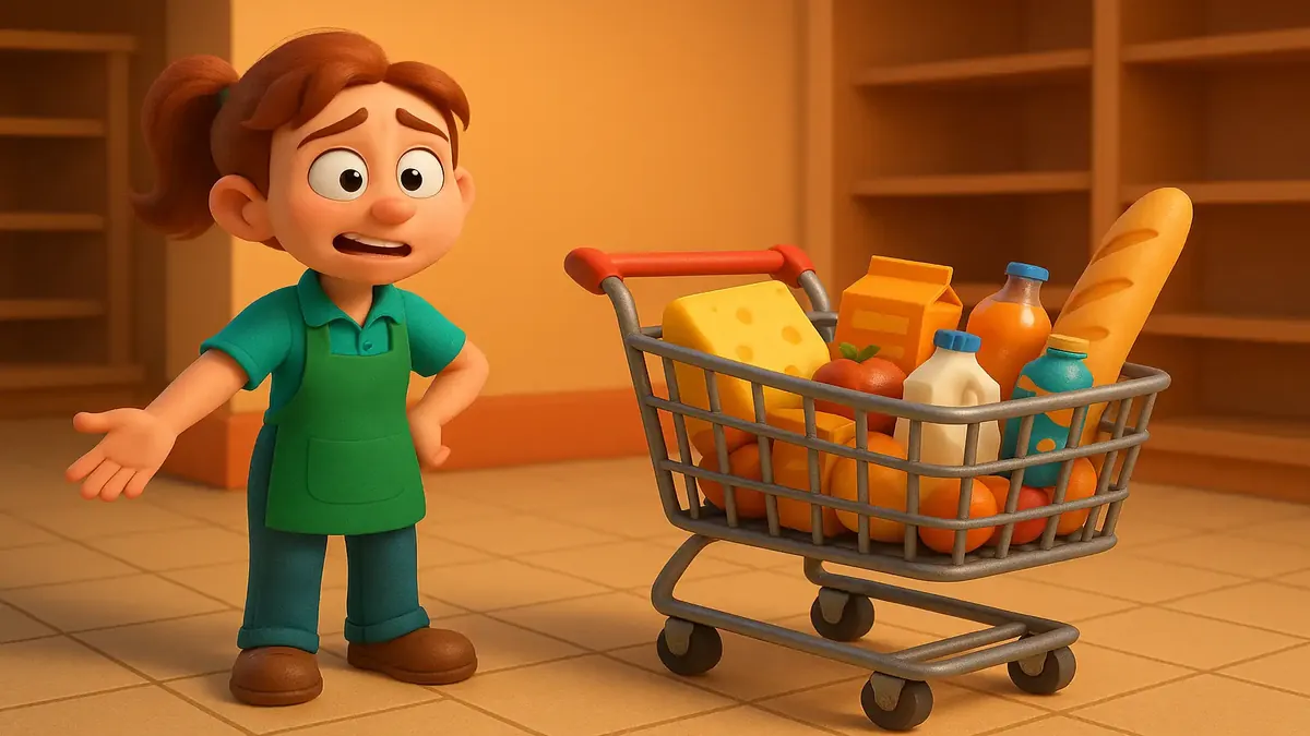 ग्राहक के साथ एक मजेदार शॉपिंग अनुभव को दर्शाते हुए, भरे हुए कार्ट का कार्टून-3D चित्रण।