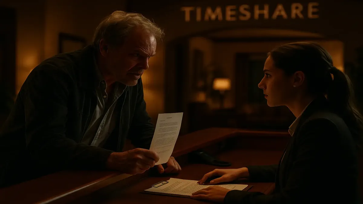 टाइमशेयर रिसॉर्ट का सिनेमाई दृश्य, जिसमें मालिक छुट्टियों के लाभ और क्रेडिट रिडेम्प्शन का आनंद ले रहे हैं।