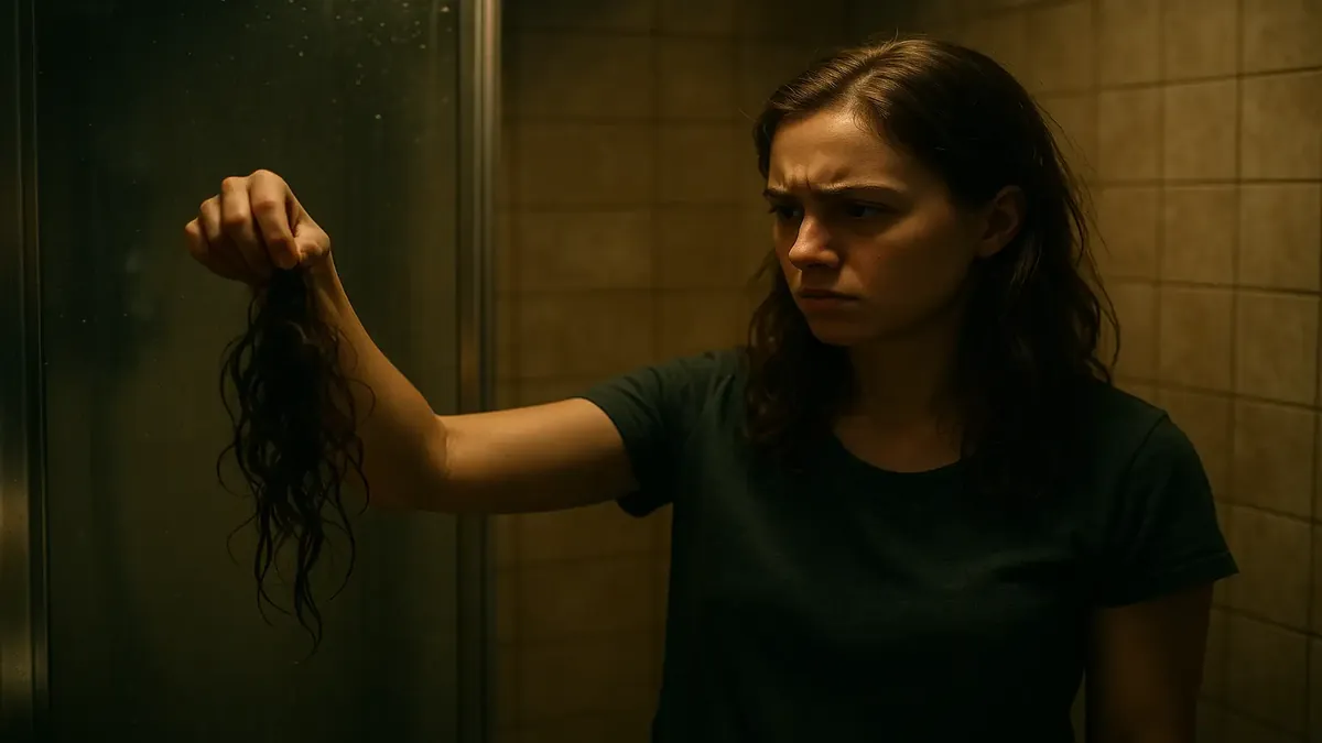 साझा बाथरूम में उलझे बालों से भरा गंदा शॉवर, बेतरतीब रूममेट की आदतें दर्शाता है।