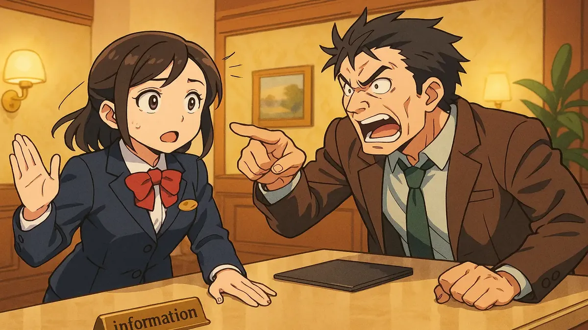 एक एनीमे-शैली का चित्रण जिसमें एक होटल लॉबी दिखाई दे रही है, जिसमें एक कन्फ्यूज़्ड मेहमान और एक सख्त रिसेप्शनिस्ट हैं।