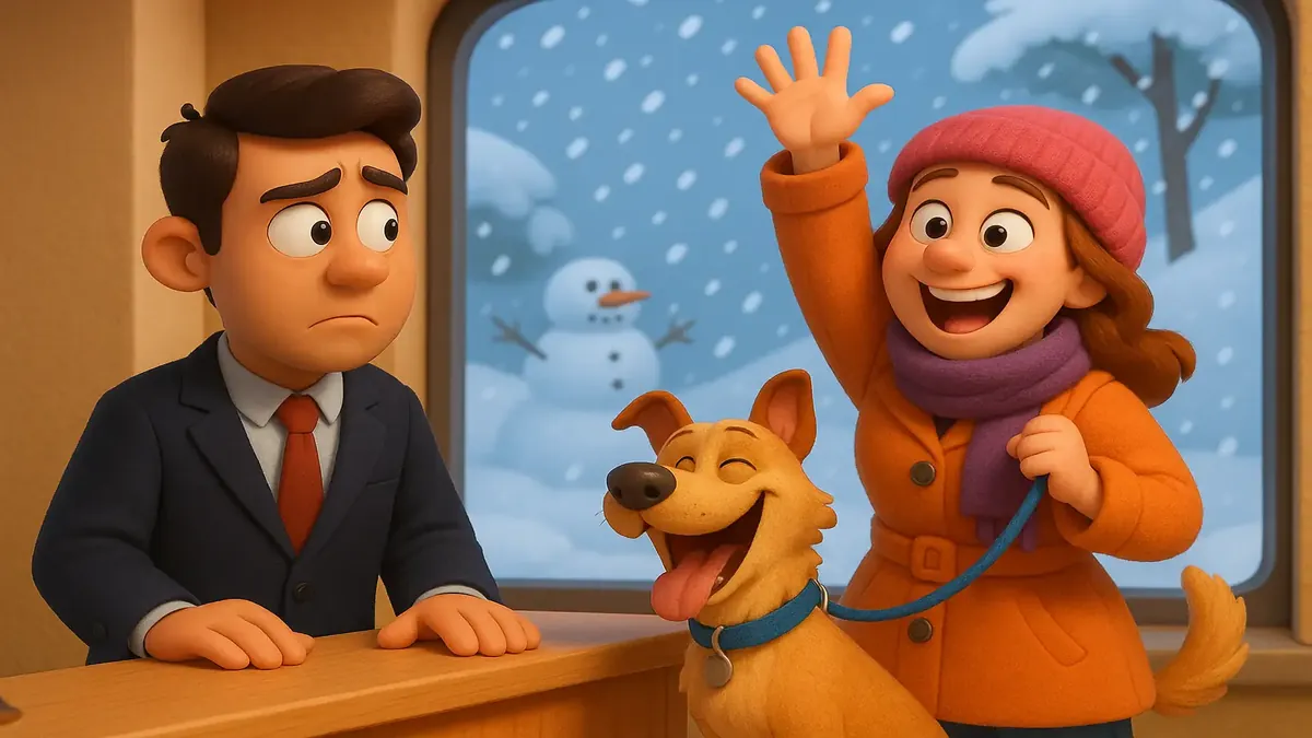 न्यूयॉर्क में बर्फीले तूफान के दौरान एक महिला और उसके हस्की के साथ एक होटल का दृश्य, कार्टून-3डी चित्रण।