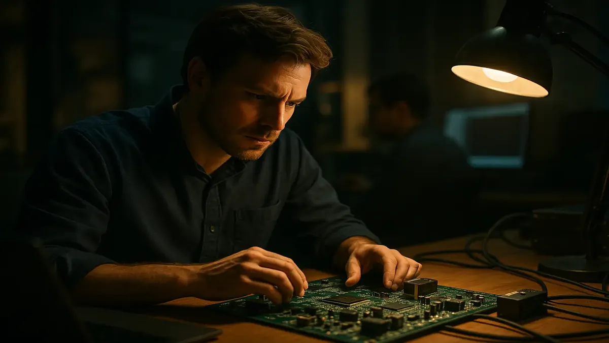 सर्किट बोर्ड डिज़ाइन के साथ इंजीनियर हार्डवेयर समस्याओं का समाधान करते हुए, सिनेमाई कार्यालय के माहौल में।