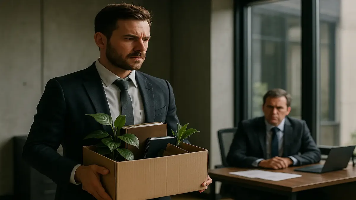 एक पेशेवर व्यक्ति कार्यालय भवन से दूर जाते हुए, आत्म-मूल्य और अहमियत का संकेत देते हुए।