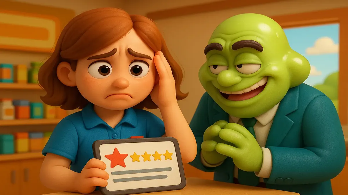 एक पात्र को प्रबंधक से नकारात्मक समीक्षा मिलते हुए प्रदर्शित करने वाला कार्टून-3D चित्र, हास्यपूर्ण पल को दर्शाता है।