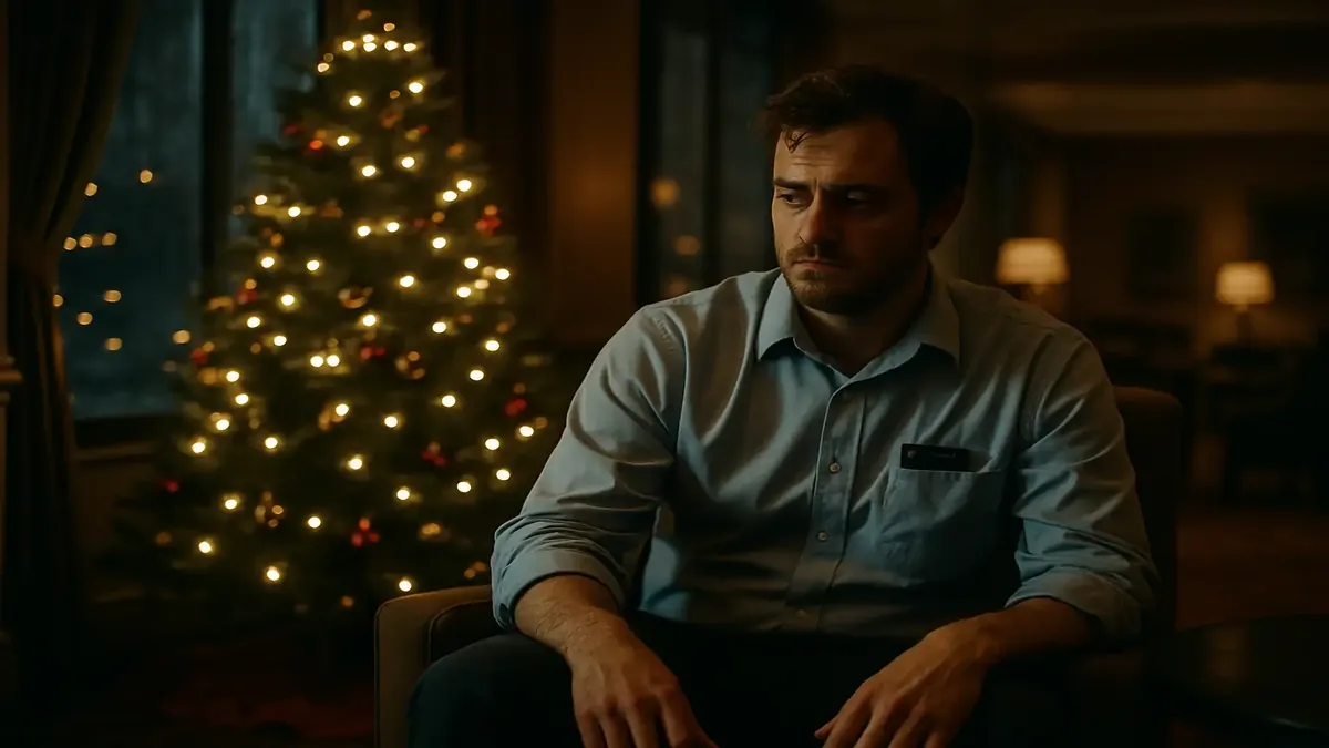 छुट्टियों का होटल दृश्य, जहां कर्मचारी मेहमानों का प्रबंधन करते हुए सर्दी के तूफान के बीच हलचल में हैं।