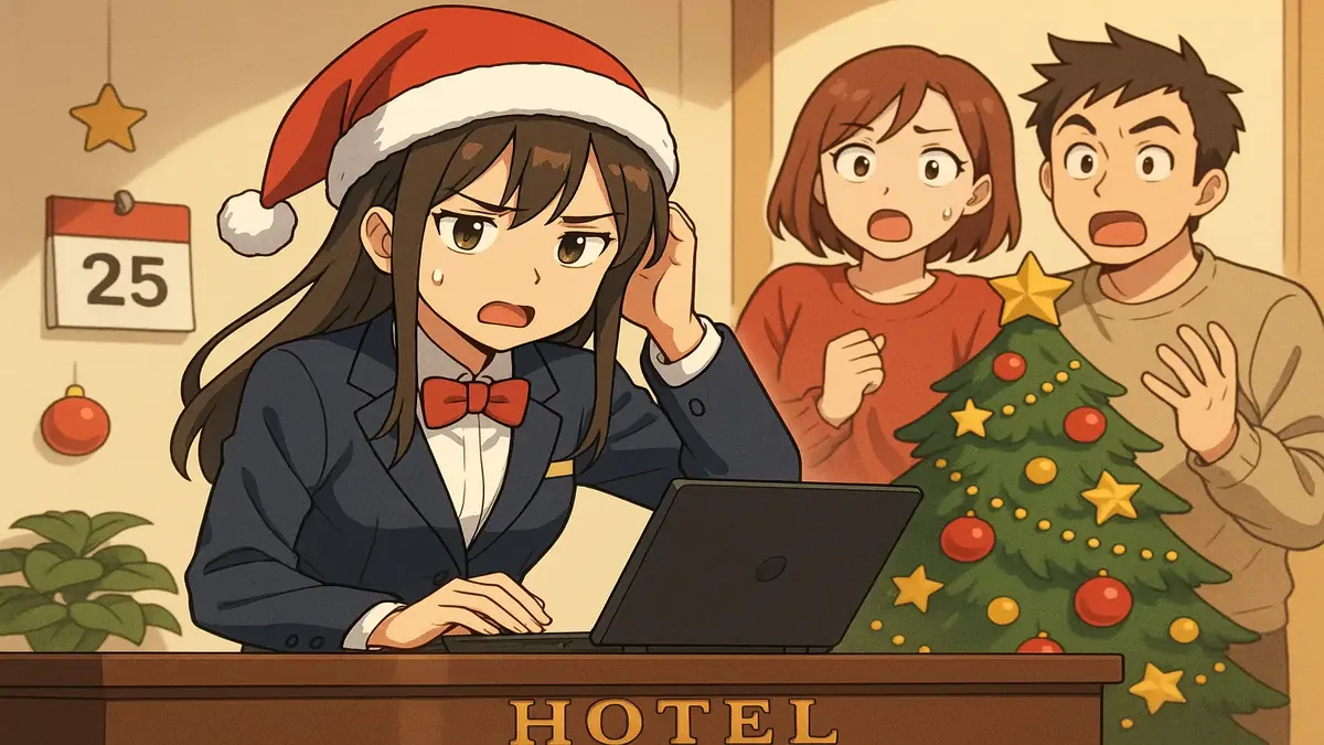 क्रिसमस के दौरान एक होटल कर्मचारी का एनीमे चित्रण, जो समर्पण और छुट्टियों की कार्य संस्कृति को दर्शाता है।