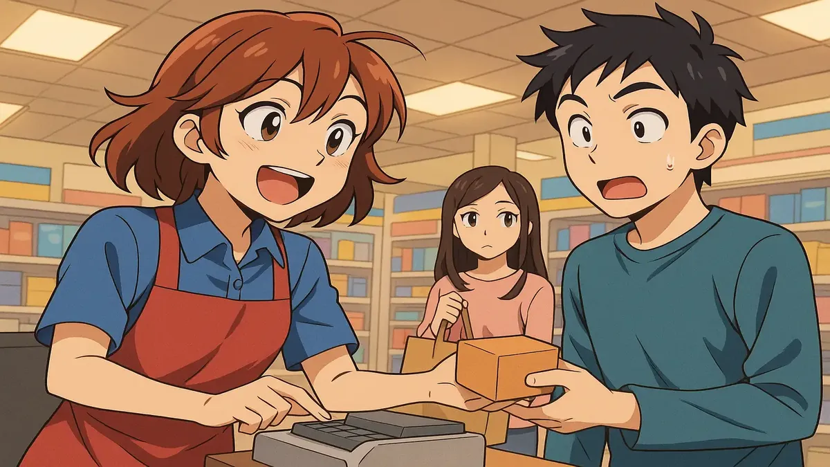 खुदरा कर्मियों की एनीमे-शैली की चित्रण, जीवंत स्टोर माहौल में अनुभव साझा करते हुए।