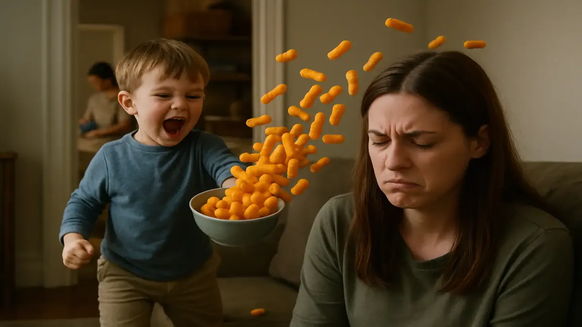 खेलते भतीजे के साथ बिखरे स्नैक्स के बीच धोने के कपड़े समेटते हुए एक हलचल भरा दृश्य।