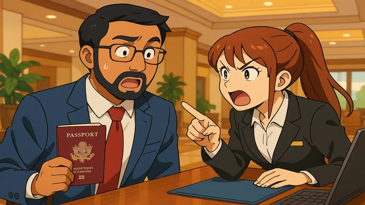 मुंबई के एक लग्ज़री होटल के लॉबी का एनीमे चित्रण, जिसमें एक तनावग्रस्त होटल कर्मचारी और एक मेहमान हैं।