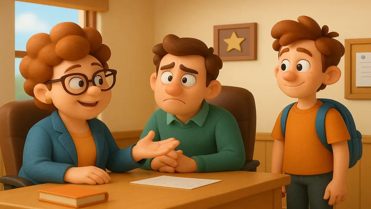 एक हाई स्कूल गणित शिक्षक की कार्टून 3डी चित्रण, एक गड़बड़ geometry कक्षा के पुनः परीक्षा दृश्य की निगरानी करते हुए।