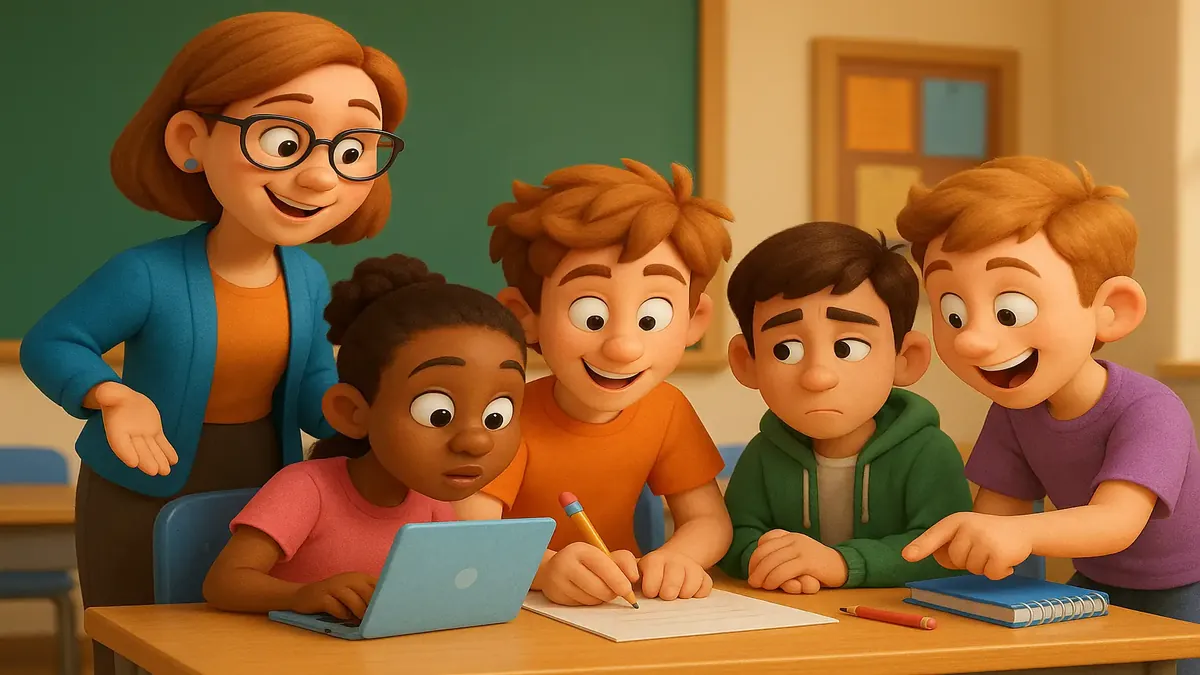 हाई स्कूल के छात्रों का समूह परियोजना पर सहयोग करते हुए 3D कार्टून चित्रण, विविध बातचीत को दर्शाता है।