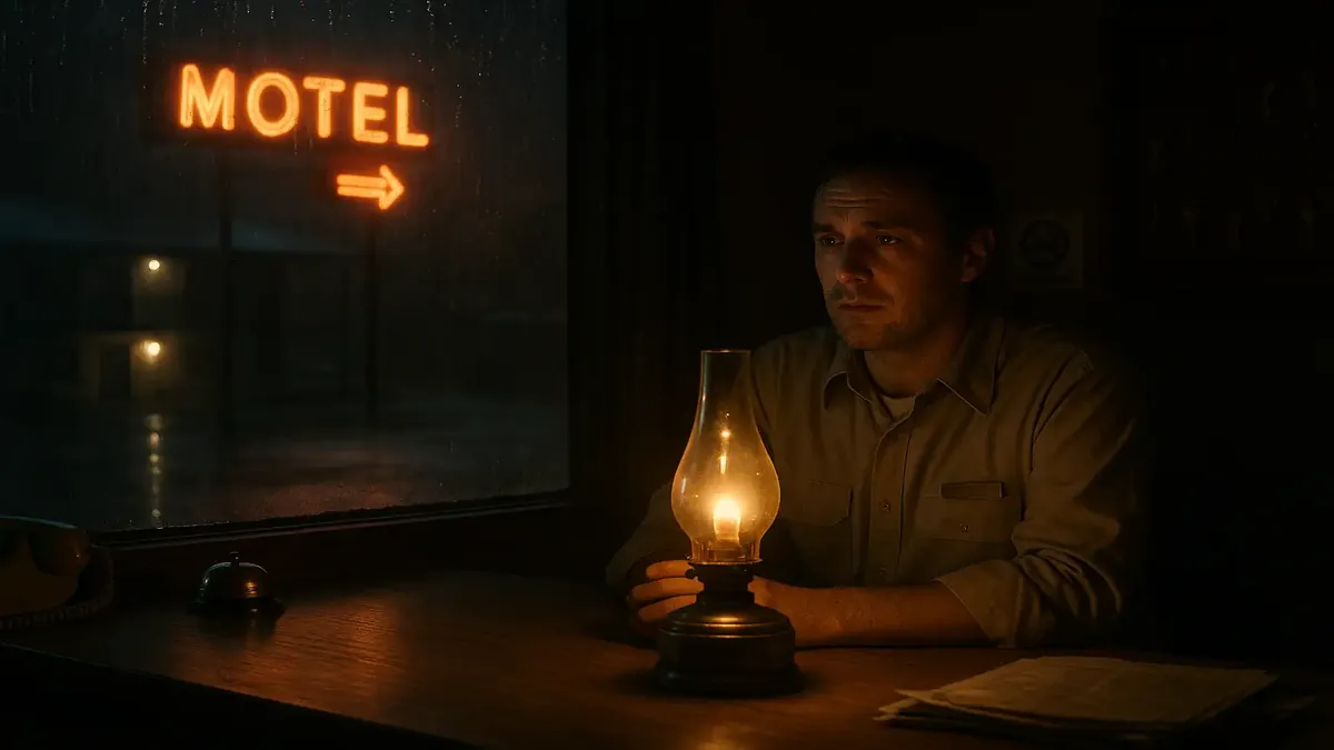 Dark motel lobby with flickering lights during a New Year’s Eve power outage in the desert.