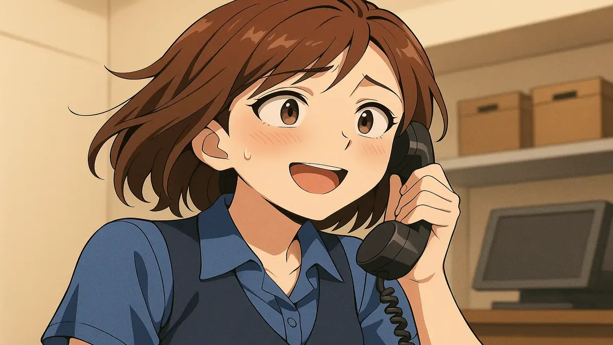 Anime illustration of a surprised worker receiving a phone call about a lost wallet at a business.