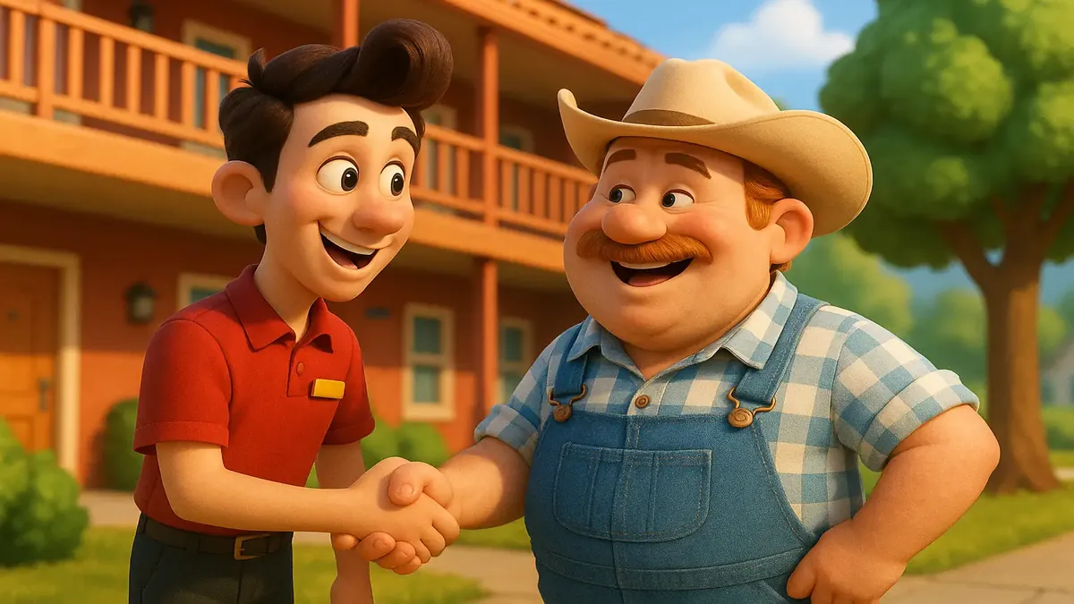 Friendly cartoon-3D illustration of a southern hotel with welcoming staff and long-term guests enjoying their stay.