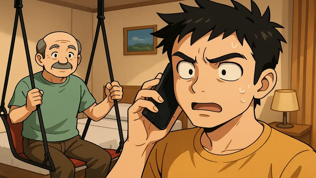 Anime illustration of a confused man on the phone, discussing room arrangements with his dad.
