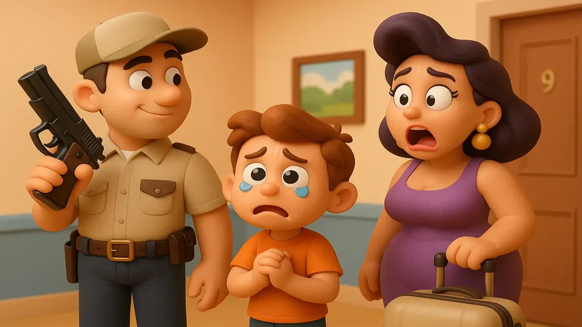 Cartoon-3D illustration of a shocked person witnessing open carry at a hotel, capturing gun culture surprises.