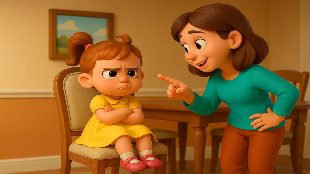 Cartoon 3D image of a child in a timeout, sitting in a dining room chair, wearing a party dress and nice shoes.