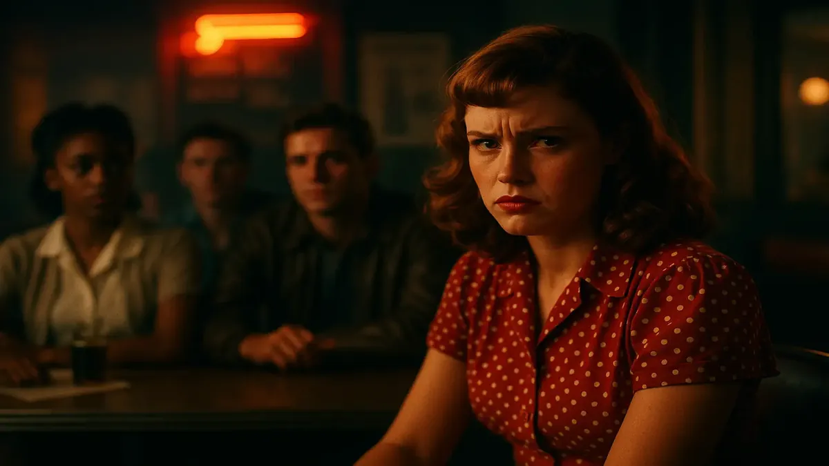 Cinematic image of Soda Pop Sally and her dance troupe creating excitement during their visit.