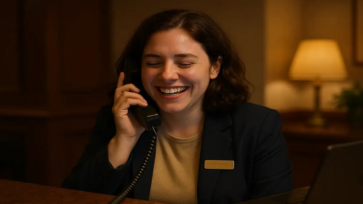 Night auditor enjoying a prank call at a hotel, smiling at the humorous conversation with a teenager.