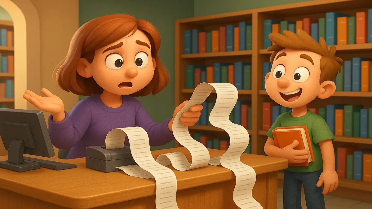 Cartoon-style 3D illustration of a librarian struggling with a mountain of printed receipts at a library checkout.