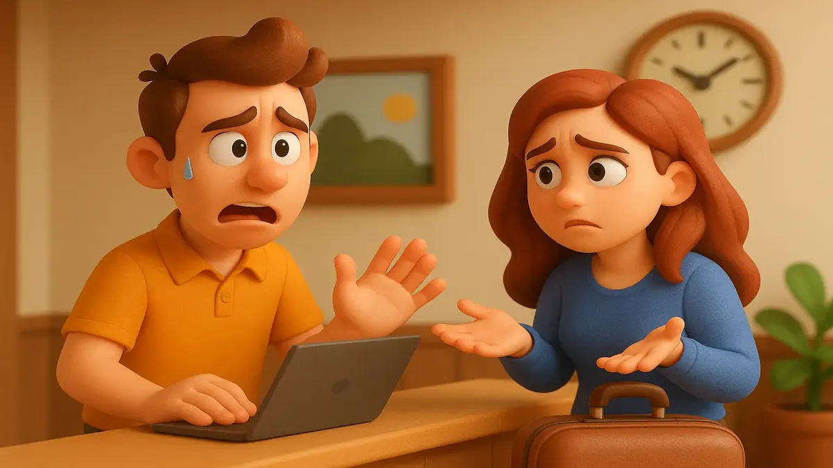 Cartoon illustration of a stressed hotel manager dealing with unpaid guests during checkout.